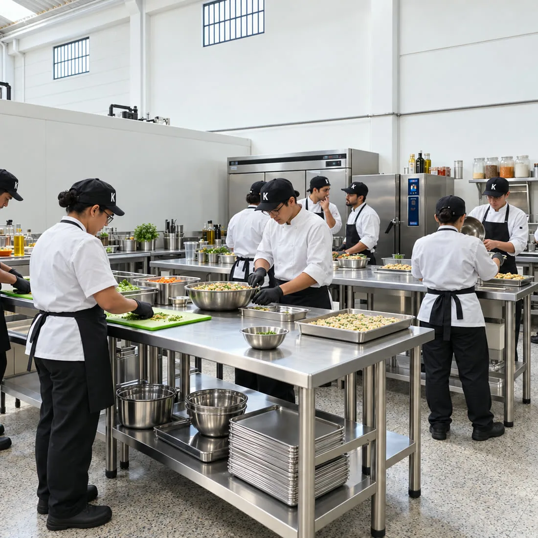 Equipo de Fork trabajando en las mesas de acero de la planta