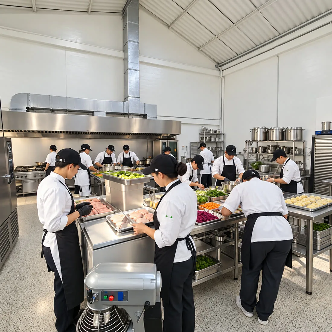 Dos cocineros preparando sobre la mesa, con la batidora industrial al frente